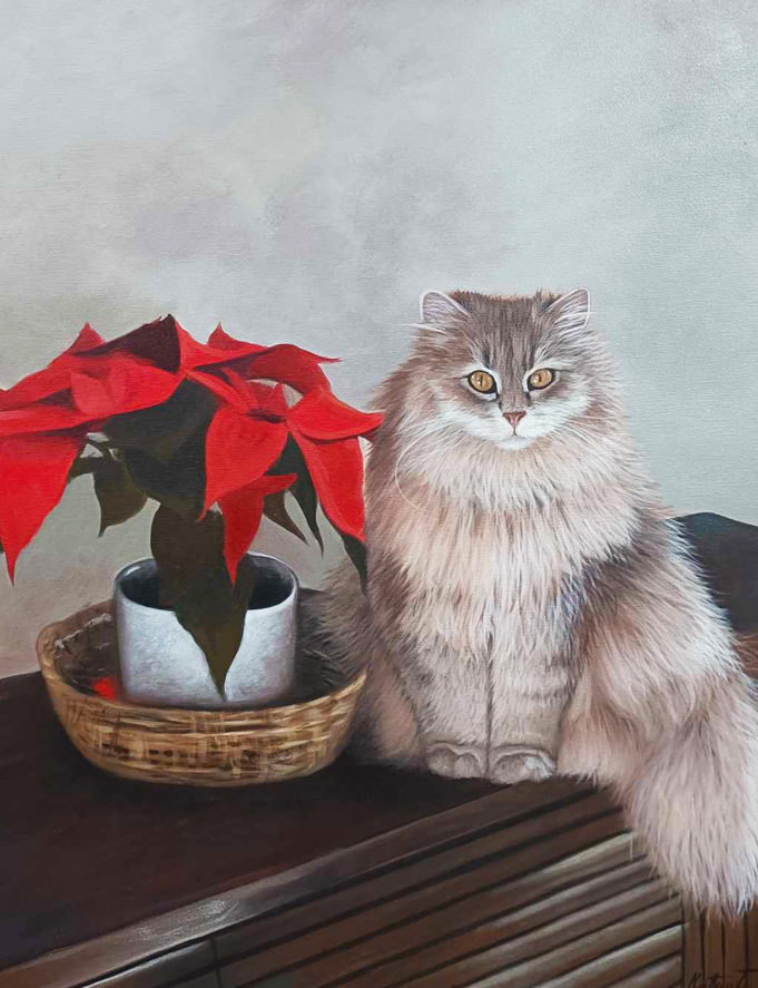 Maleri af en kat og en plante